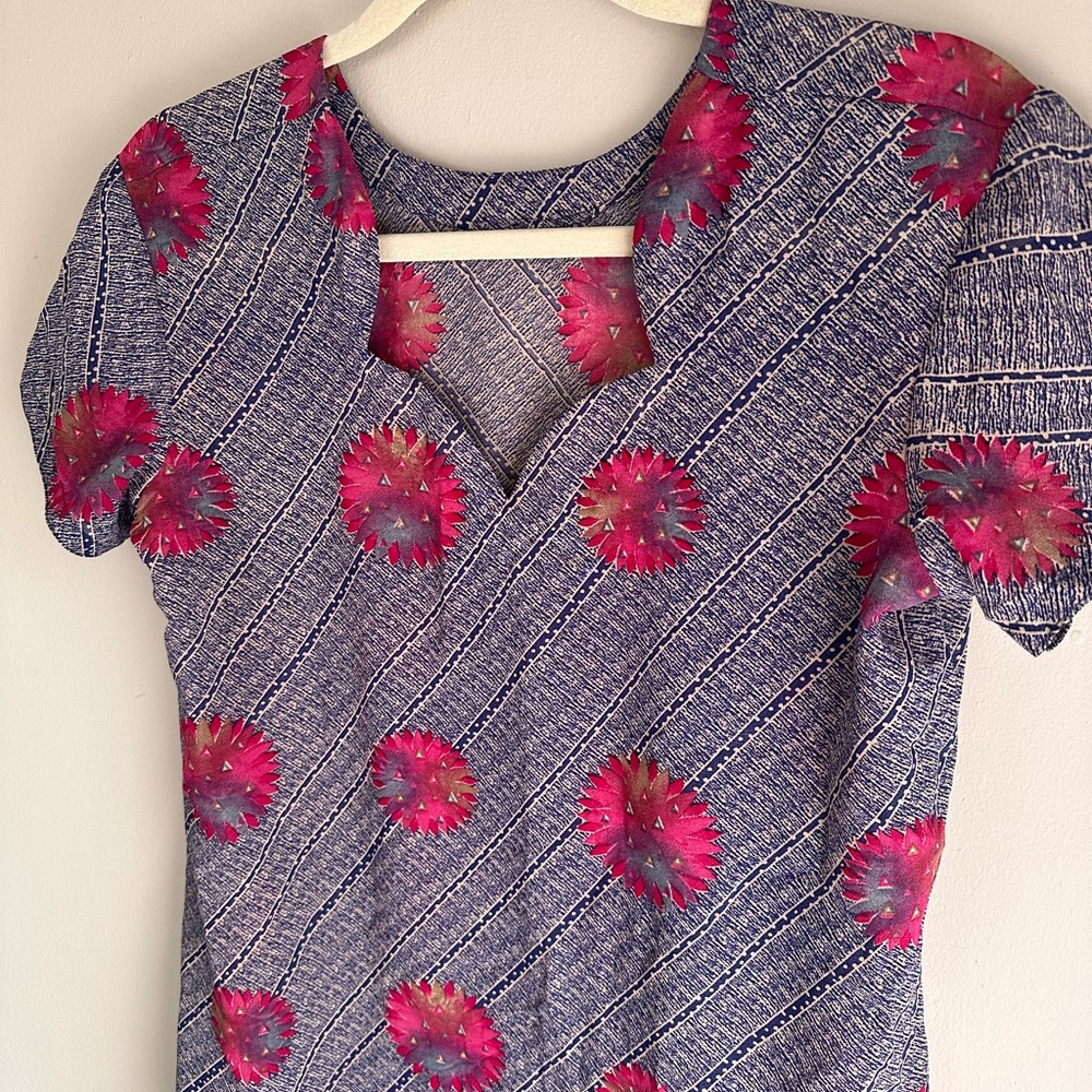 Sheer Floral Patterned Dress with Pink Accents Scalloped neckline